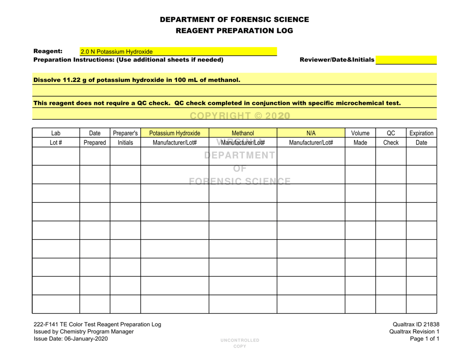 DFS Form 222-F141 Te Color Test Reagent Preparation Log - Virginia, Page 22