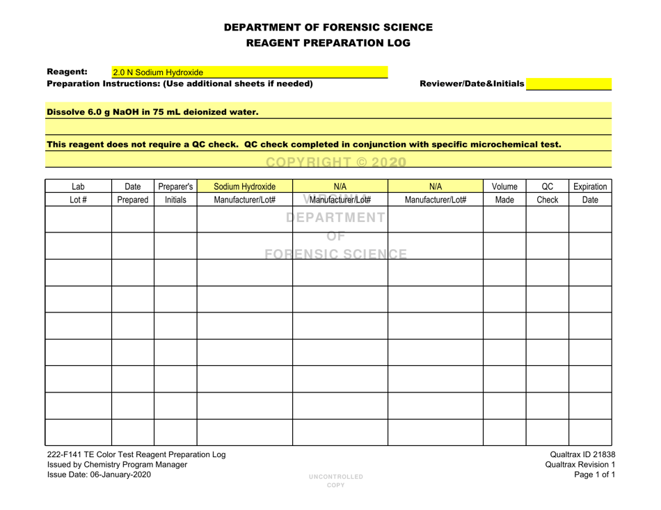 DFS Form 222-F141 Te Color Test Reagent Preparation Log - Virginia, Page 25