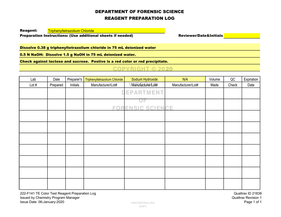 DFS Form 222-F141 Te Color Test Reagent Preparation Log - Virginia, Page 28