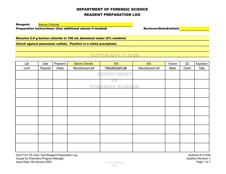 DFS Form 222-F141 Te Color Test Reagent Preparation Log - Virginia, Page 4