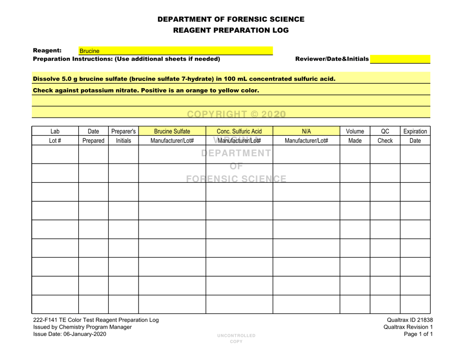 DFS Form 222-F141 Te Color Test Reagent Preparation Log - Virginia, Page 5