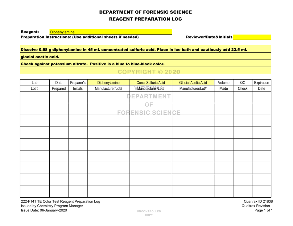 DFS Form 222-F141 Te Color Test Reagent Preparation Log - Virginia, Page 6
