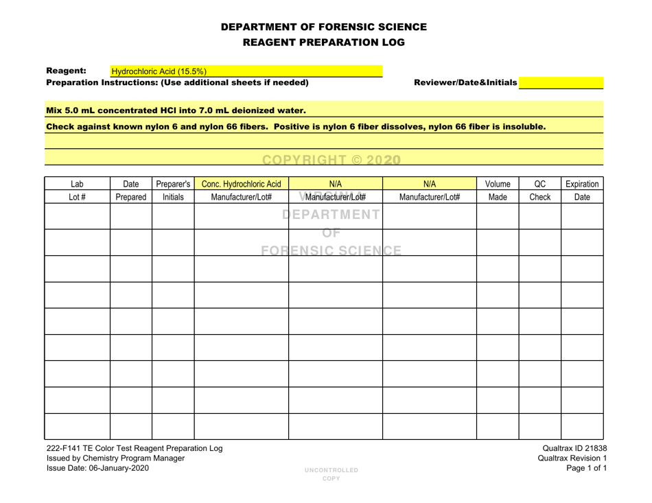 DFS Form 222-F141 Te Color Test Reagent Preparation Log - Virginia, Page 8