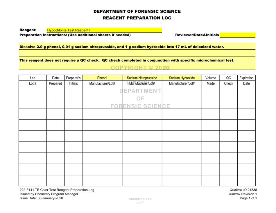 DFS Form 222-F141 Te Color Test Reagent Preparation Log - Virginia, Page 9