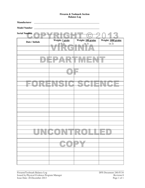 DFS Form 240-F134 Firearm & Toolmark Section Balance Log - Virginia