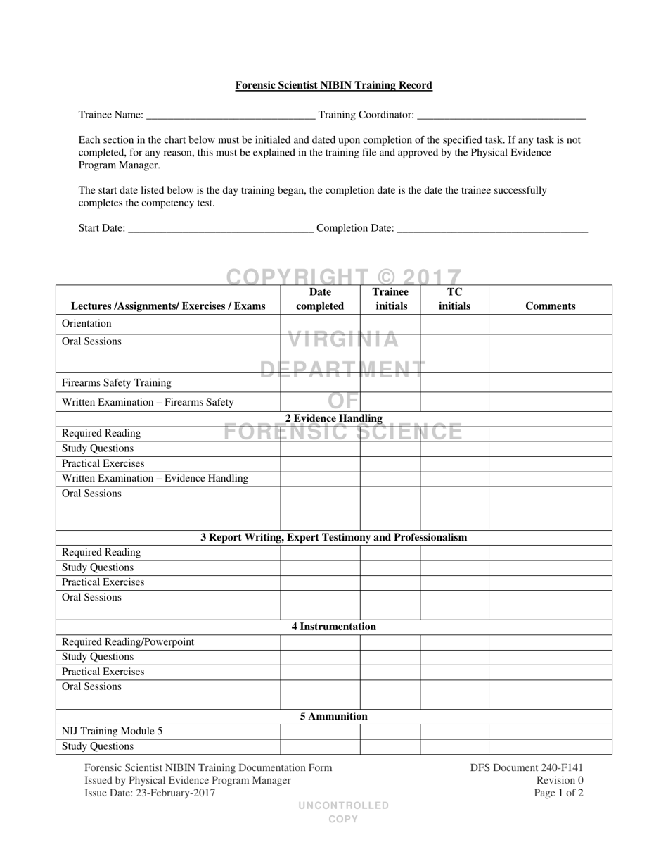 DFS Form 240-F141 Forensic Scientist Nibin Training Record - Virginia, Page 1