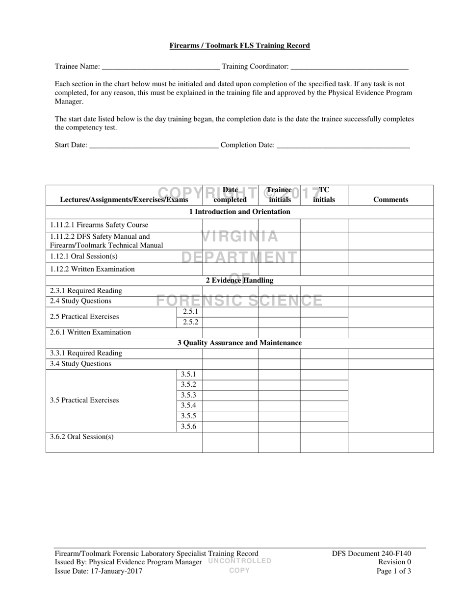 DFS Form 240-F140 Firearm / Toolmark Forensic Laboratory Specialist Training Record - Virginia, Page 1