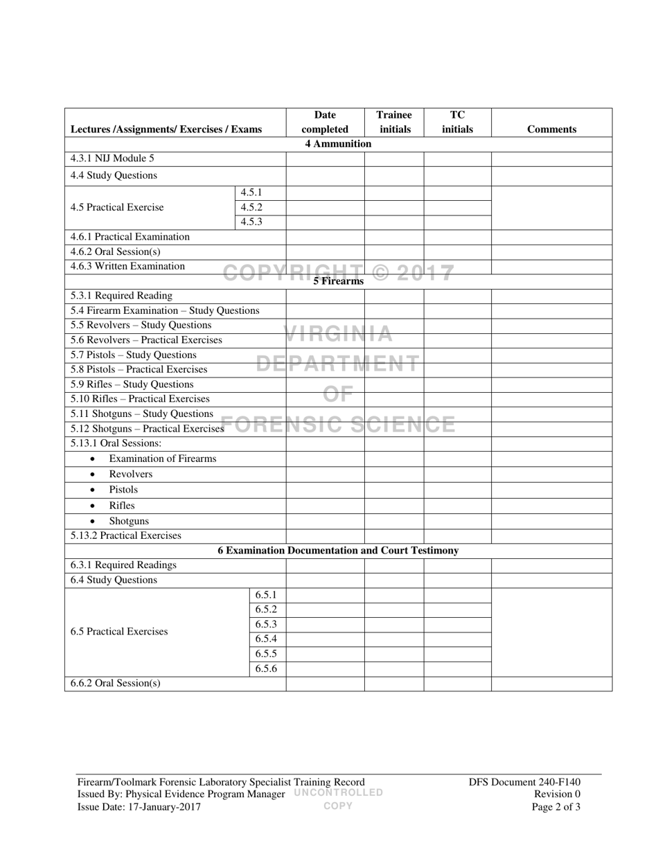 DFS Form 240-F140 Firearm / Toolmark Forensic Laboratory Specialist Training Record - Virginia, Page 2