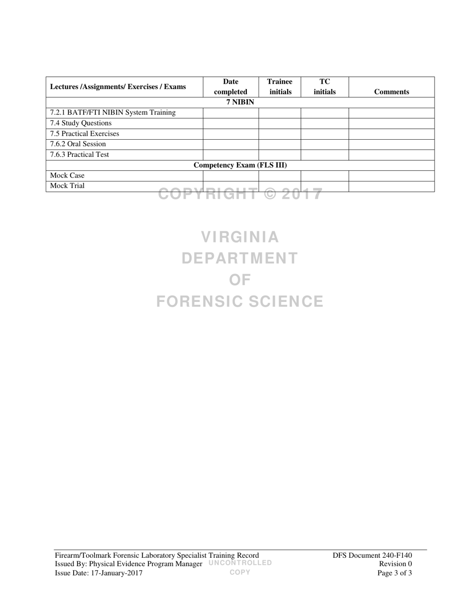 DFS Form 240-F140 Firearm / Toolmark Forensic Laboratory Specialist Training Record - Virginia, Page 3