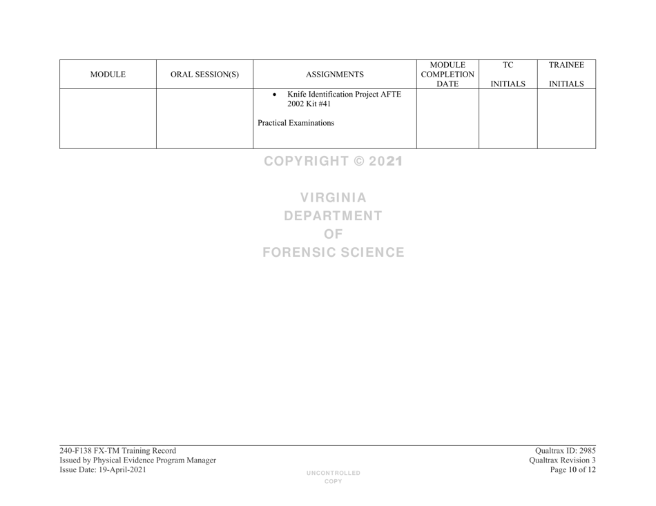DFS Form 240-F138 Firearm / Toolmark Training Record - Virginia, Page 10