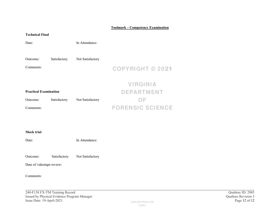 DFS Form 240-F138 Firearm / Toolmark Training Record - Virginia, Page 12