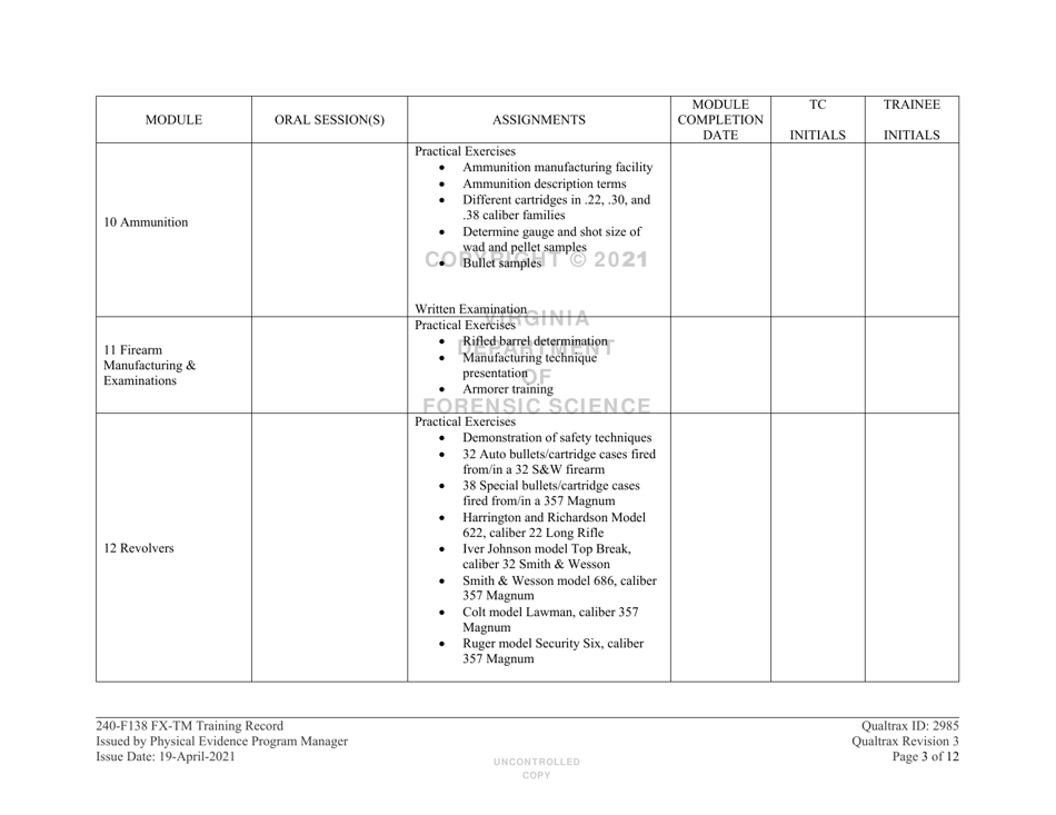 DFS Form 240-F138 Firearm / Toolmark Training Record - Virginia, Page 3