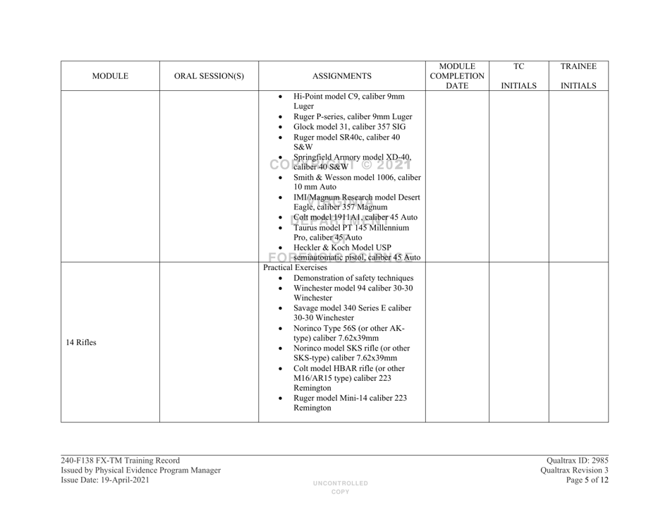 DFS Form 240-F138 Firearm / Toolmark Training Record - Virginia, Page 5