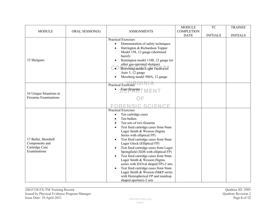 DFS Form 240-F138 Firearm / Toolmark Training Record - Virginia, Page 6