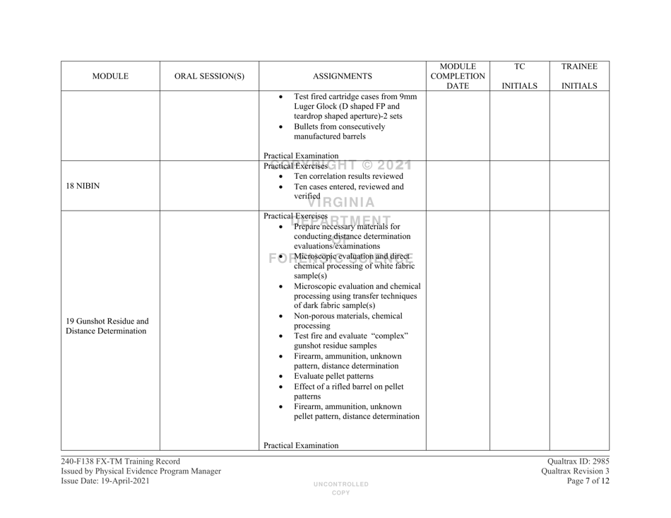 DFS Form 240-F138 Firearm / Toolmark Training Record - Virginia, Page 7