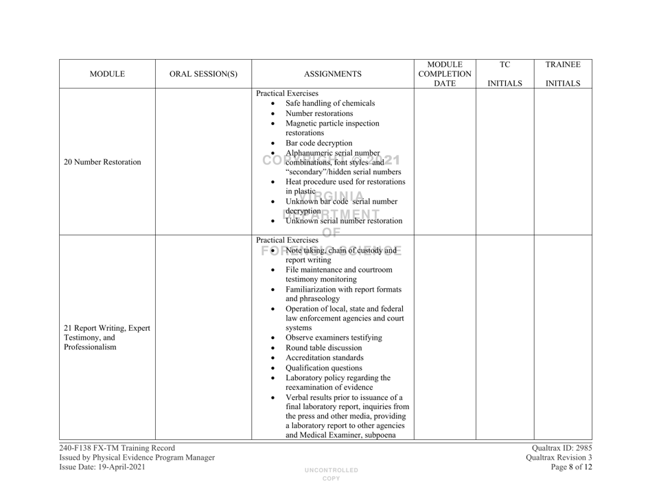 DFS Form 240-F138 Firearm / Toolmark Training Record - Virginia, Page 8