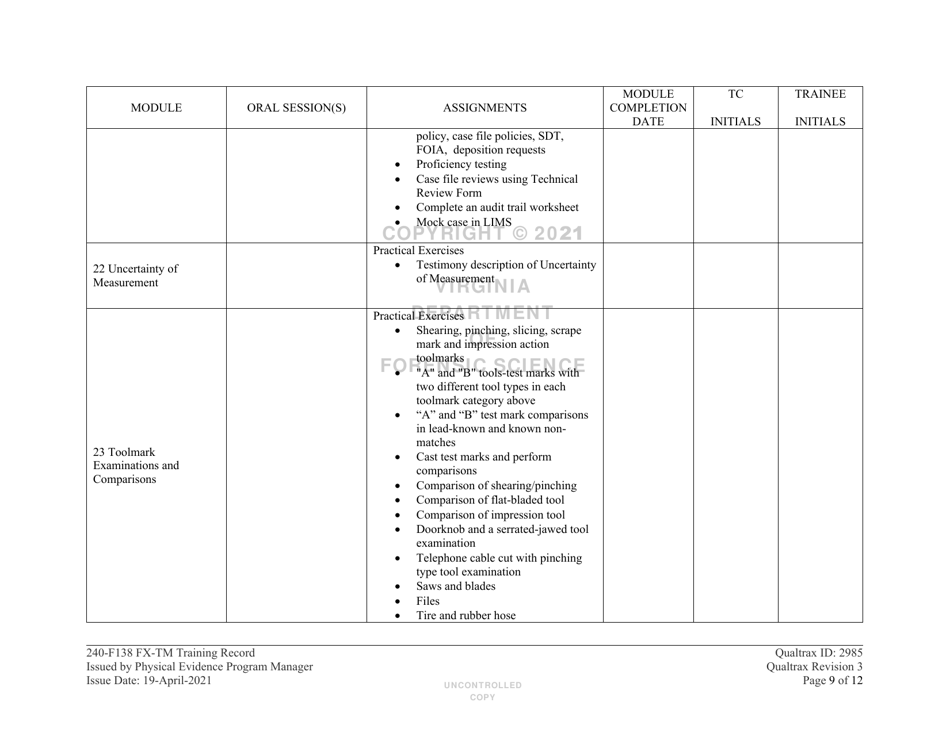DFS Form 240-F138 Firearm / Toolmark Training Record - Virginia, Page 9