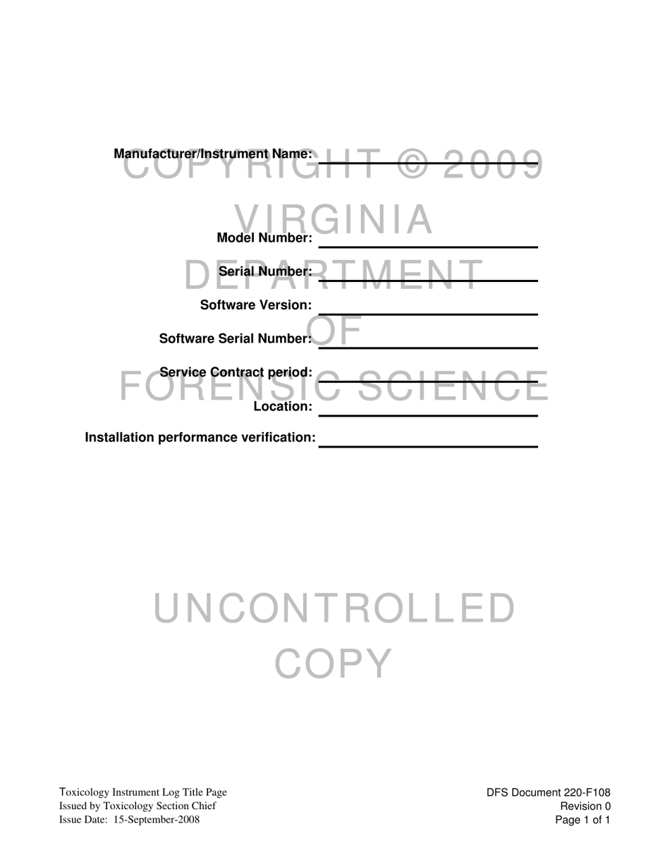 DFS Form 220-F108 Toxicology Instrument Log Title Page - Virginia, Page 1