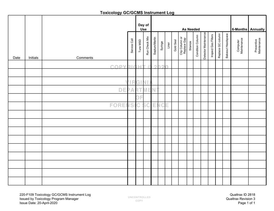 DFS Form 220-F109 Toxicology Gc / Gcms Instrument Log - Virginia, Page 1