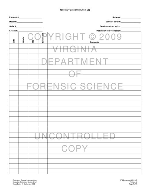 DFS Form 220-F110 Toxicology General Instrument Log - Virginia