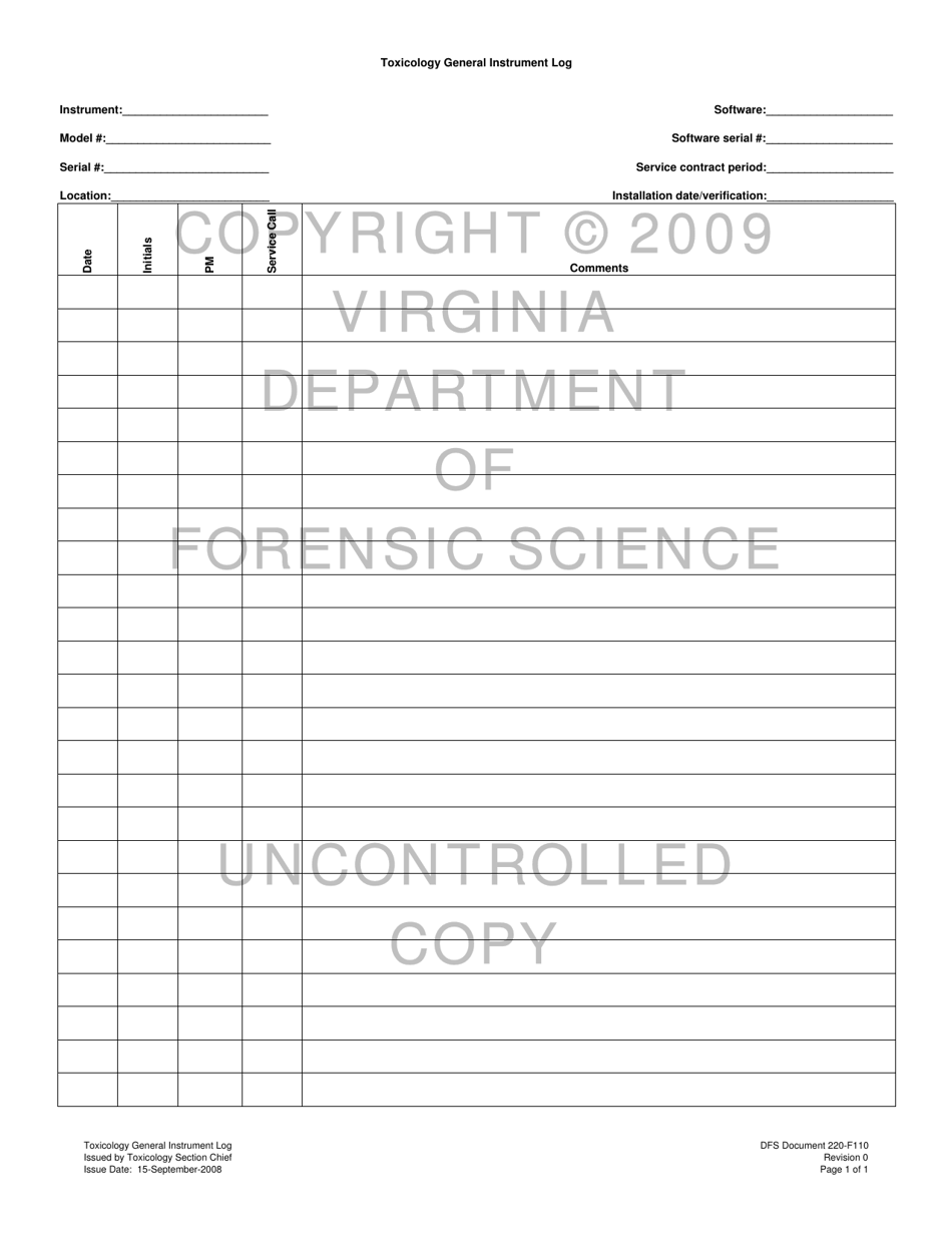 DFS Form 220-F110 Toxicology General Instrument Log - Virginia, Page 1