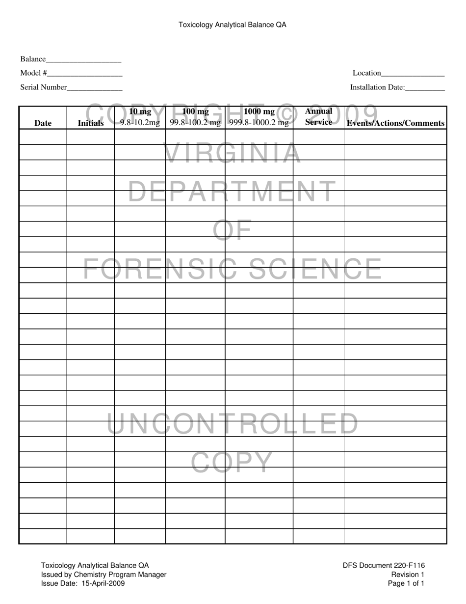 DFS Form 220-F116 Toxicology Analytical Balance Qa - Virginia, Page 1