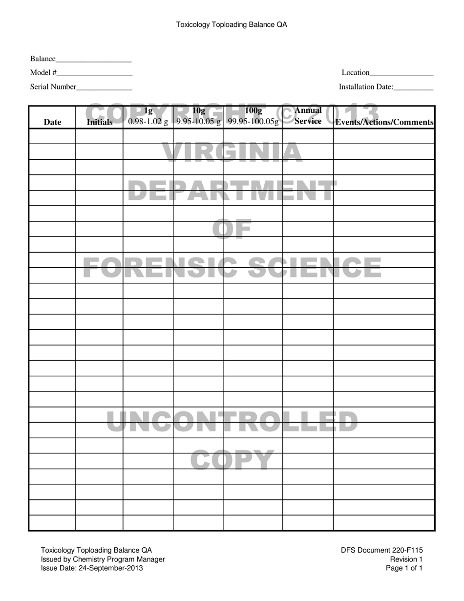 DFS Form 220-F115 Toxicology Toploading Balance Qa - Virginia, Page 1