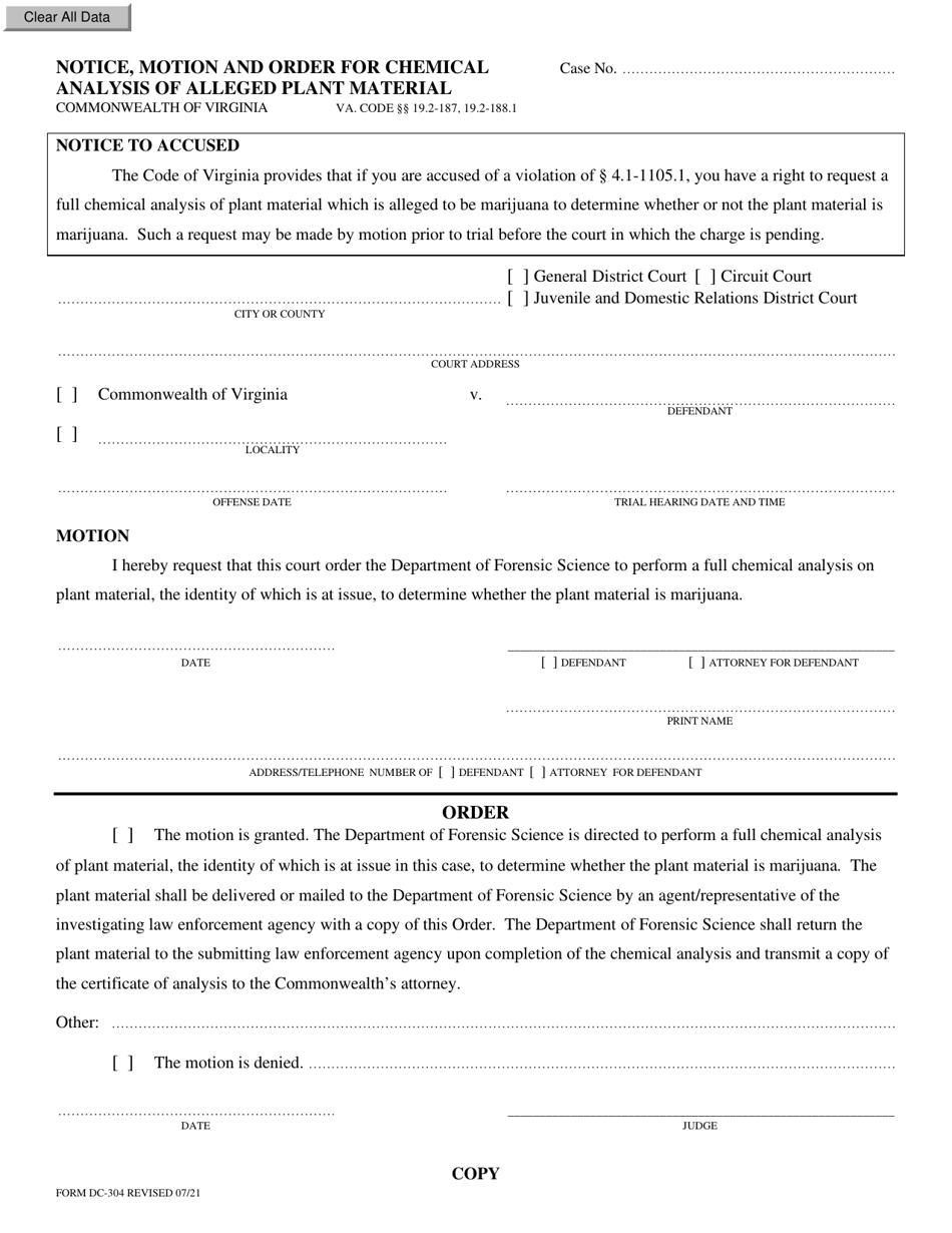 Form DC-304 Notice, Motion and Order for Chemical Analysis of Alleged Plant Material - Virginia, Page 1