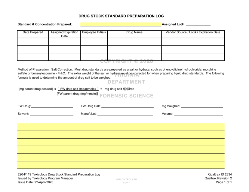 DFS Form 220-F119 Toxicology Drug Stock Standard Preparation Log - Virginia