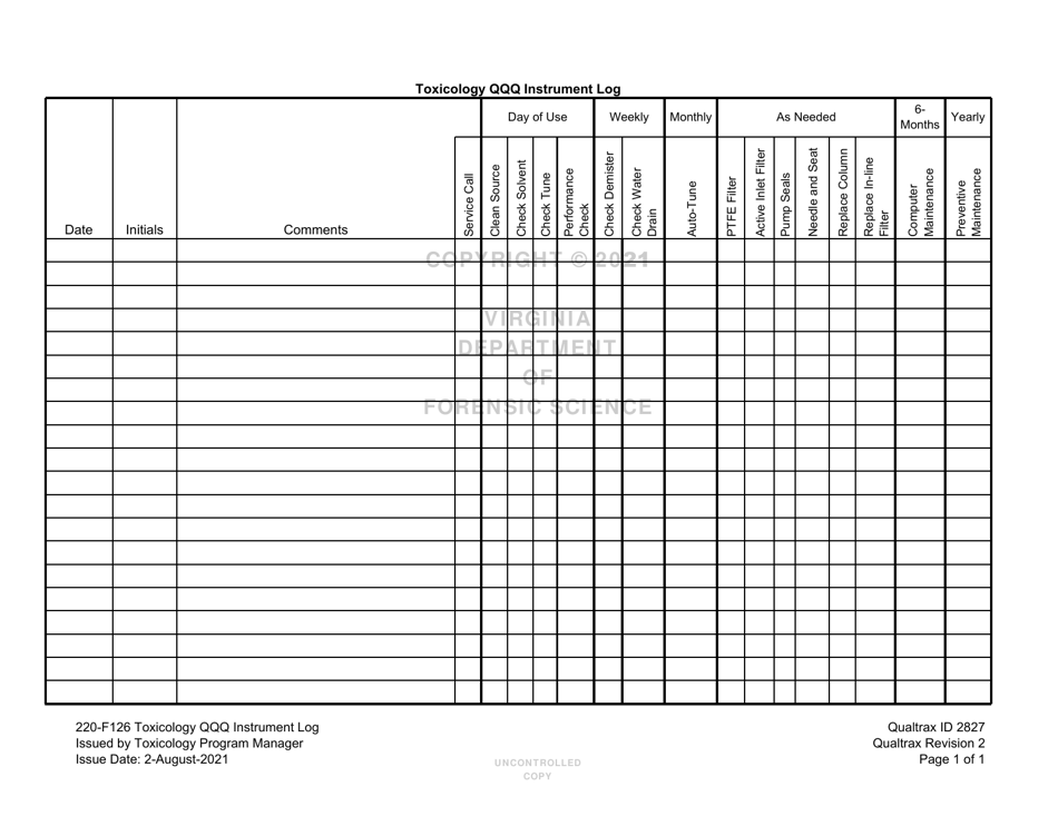 DFS Form 220-F126 Toxicology Qqq Instrument Log - Virginia, Page 1