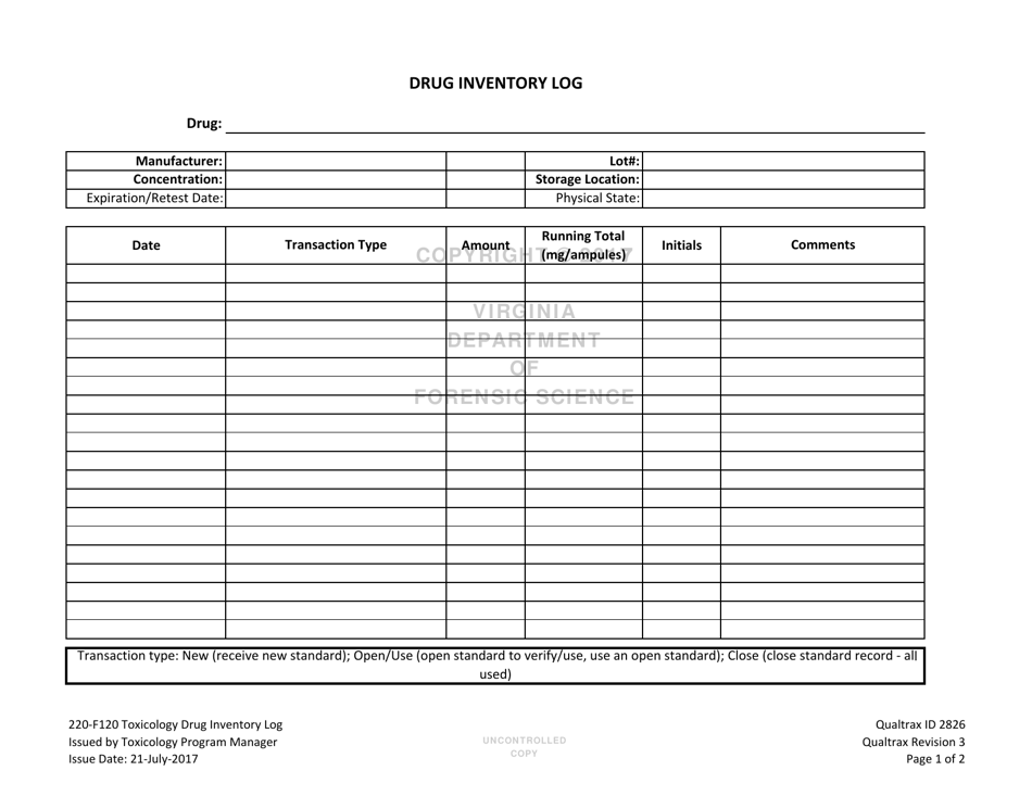DFS Form 220-F120 Toxicology Drug Inventory Log - Virginia, Page 1