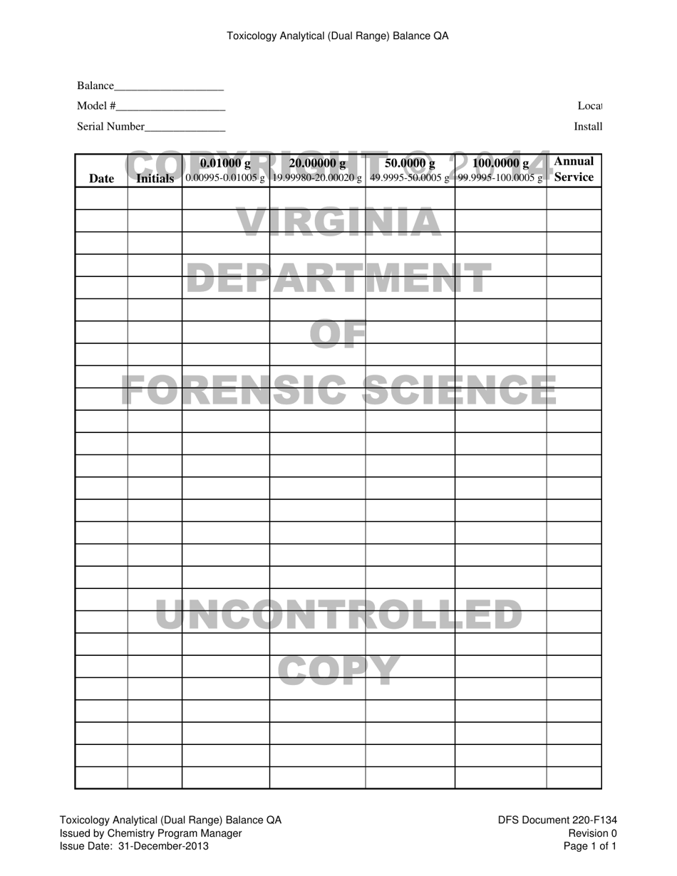 DFS Form 220-F134 Toxicology Analytical (Dual Range) Balance Qa - Virginia, Page 1