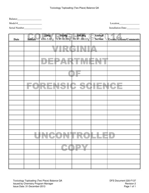 DFS Form 220-F137 Toxicology Toploading (Two Place) Balance Qa - Virginia