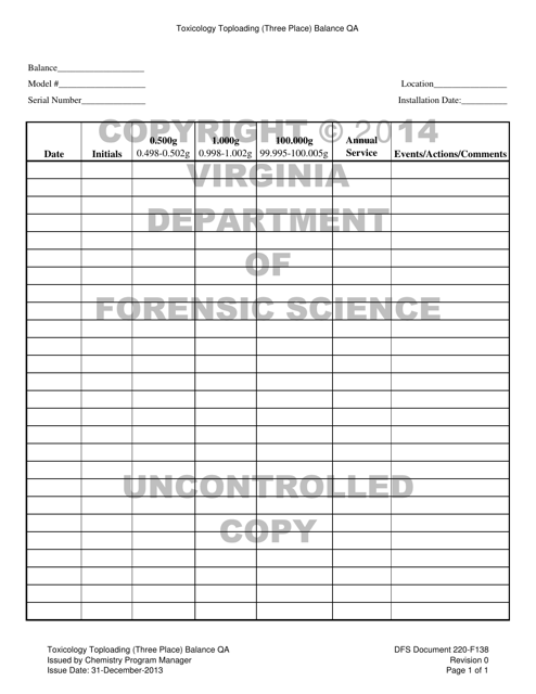 DFS Form 220-F138 Toxicology Toploading (Three Place) Balance Qa - Virginia