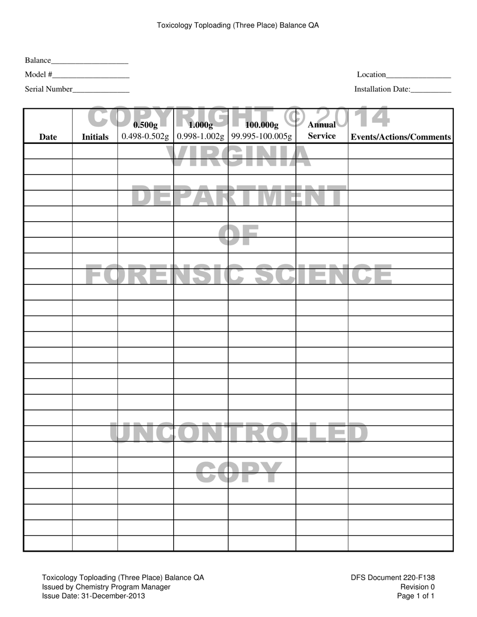 DFS Form 220-F138 Toxicology Toploading (Three Place) Balance Qa - Virginia, Page 1