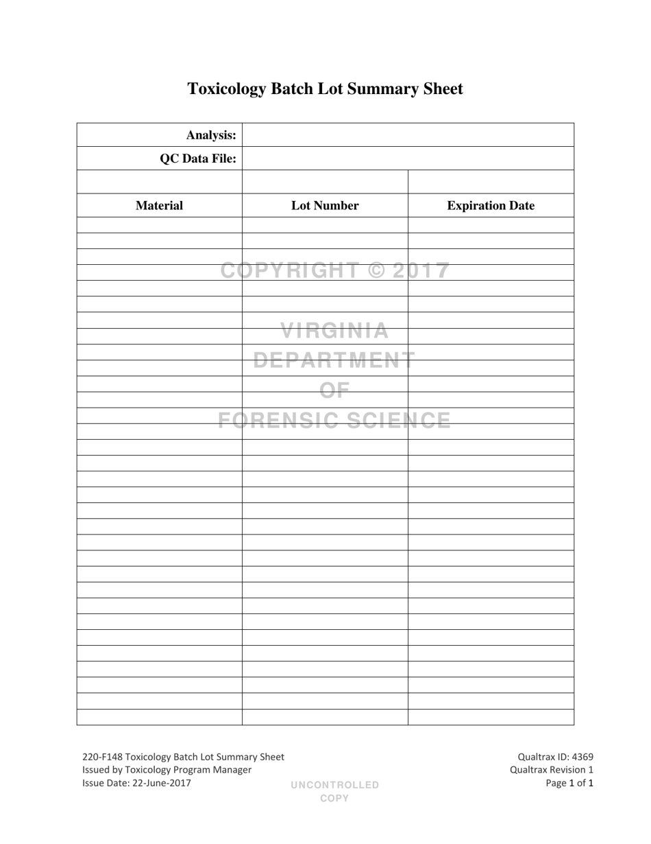 DFS Form 220-F148 Toxicology Batch Lot Summary Sheet - Virginia, Page 1