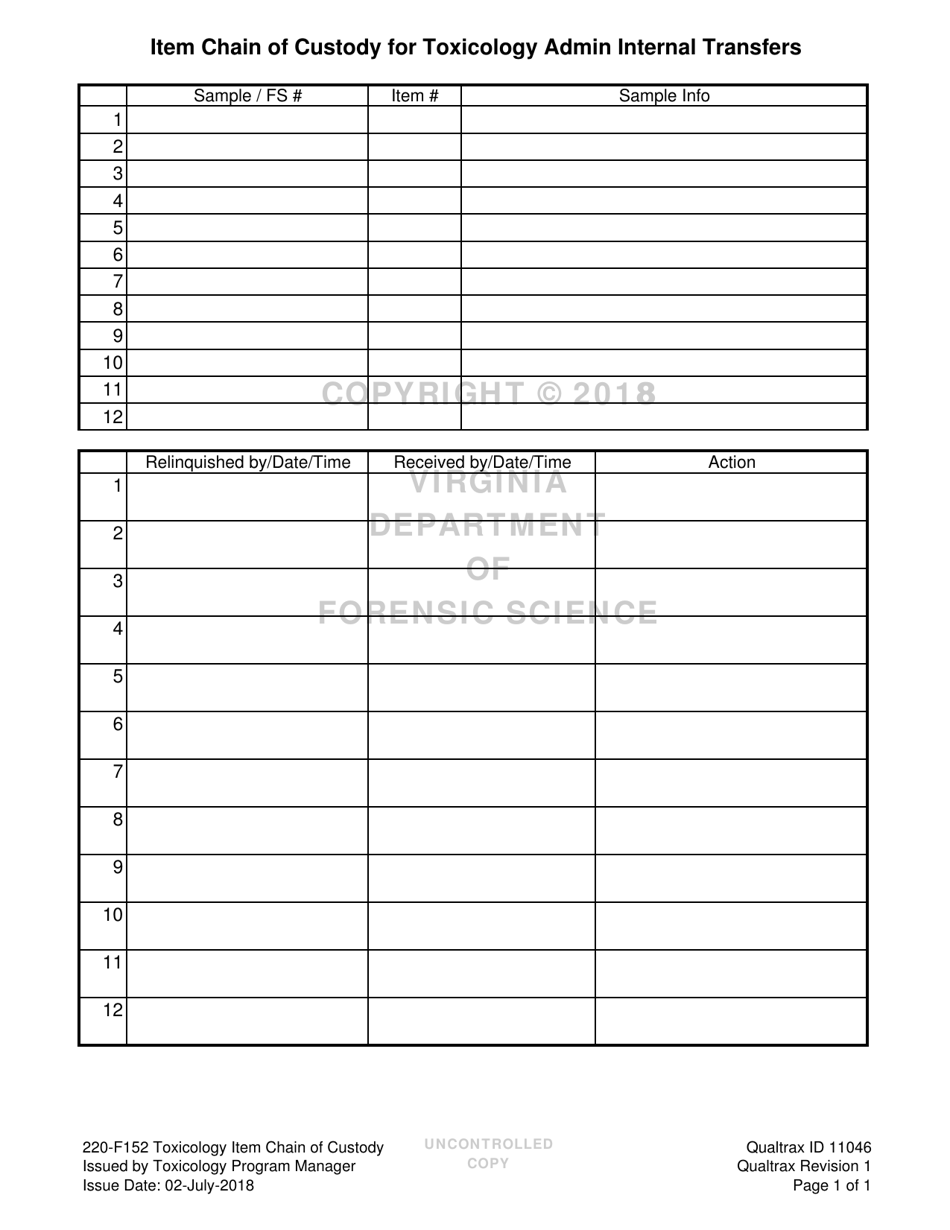 DFS Form 220-F152 Item Chain of Custody for Toxicology Admin Internal Transfers - Virginia, Page 1
