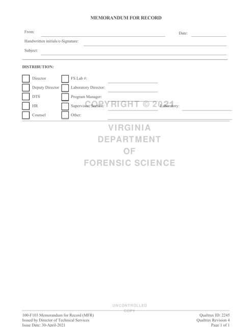 DFS Form 100-F103 Memorandum for Record - Virginia