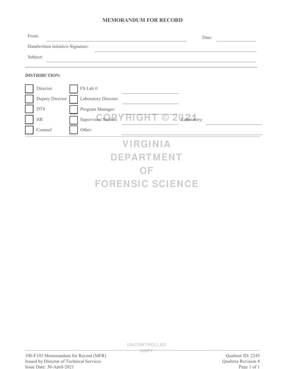 DFS Form 100-F103 Memorandum for Record - Virginia, Page 1