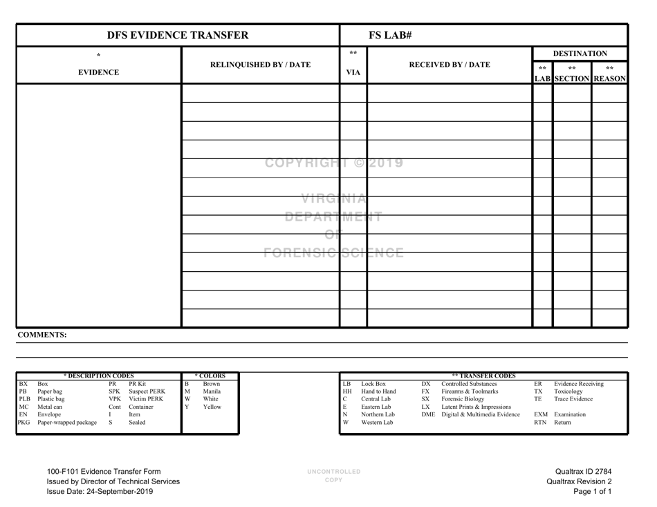 DFS Form 100-F101 Evidence Transfer Form - Virginia, Page 1