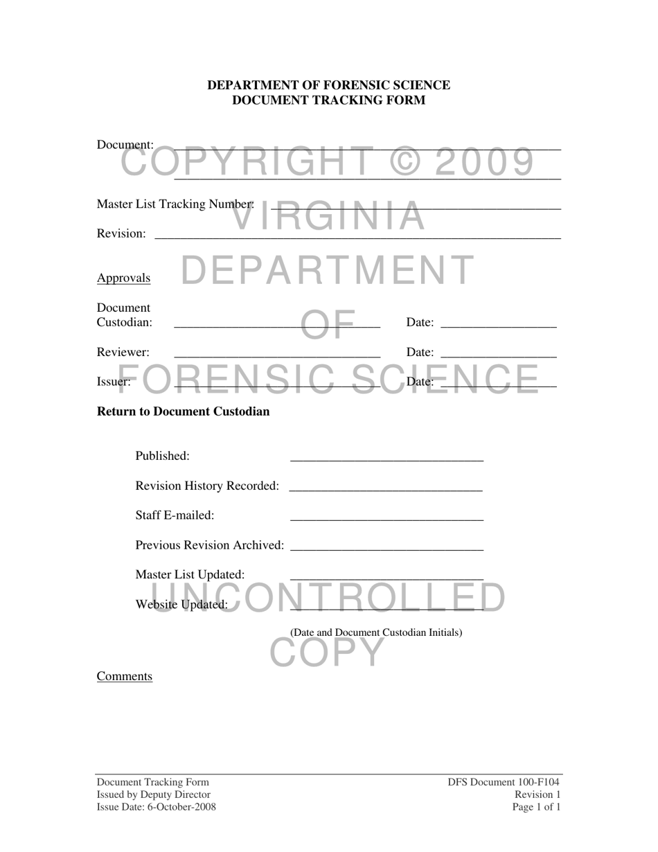 DFS Form 100-F104 Document Tracking Form - Virginia, Page 1
