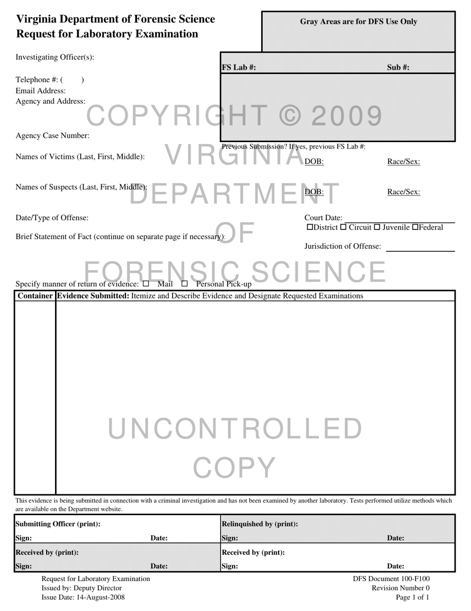 DFS Form 100-F100 Request for Laboratory Examination - Virginia, Page 1