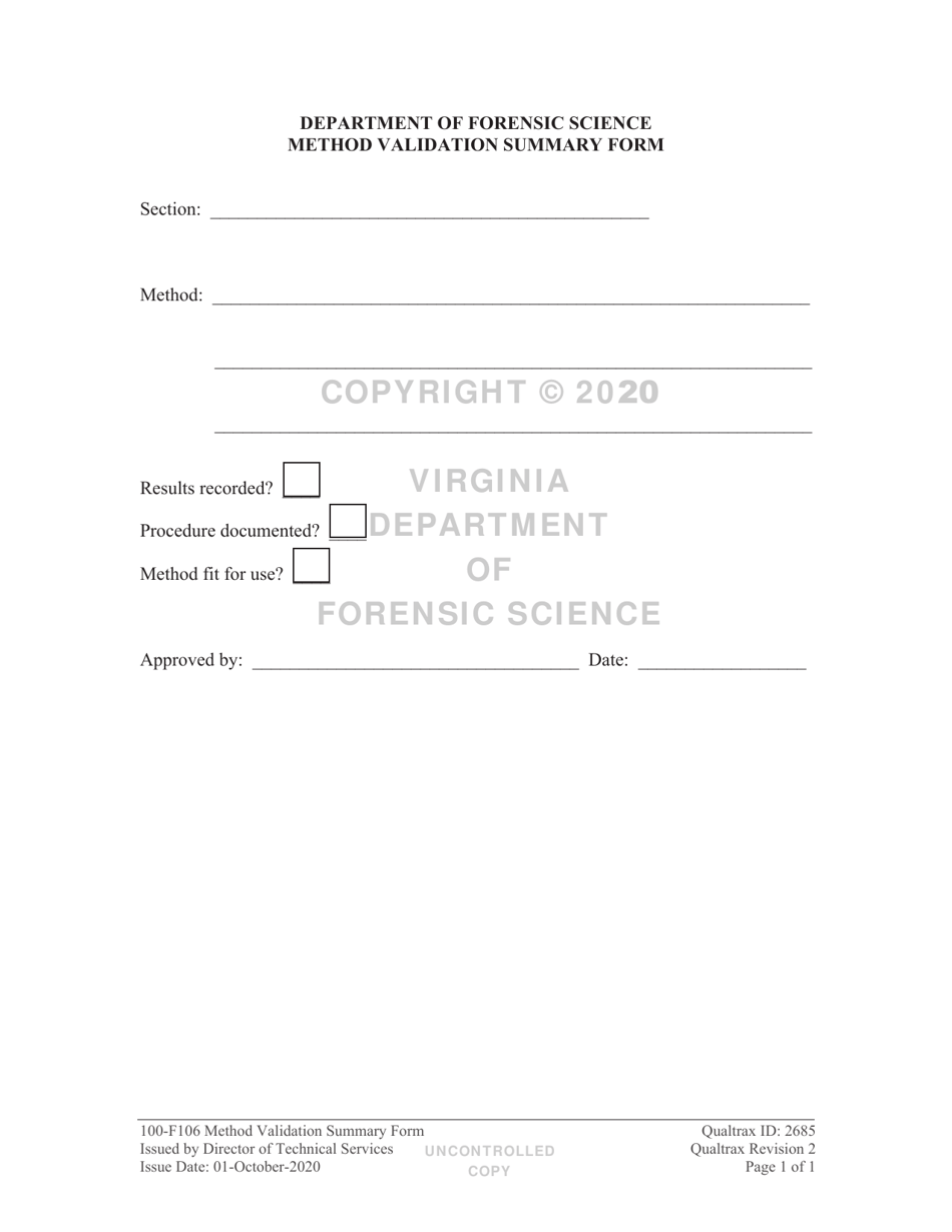 DFS Form 100-F106 Method Validation Summary Form - Virginia, Page 1