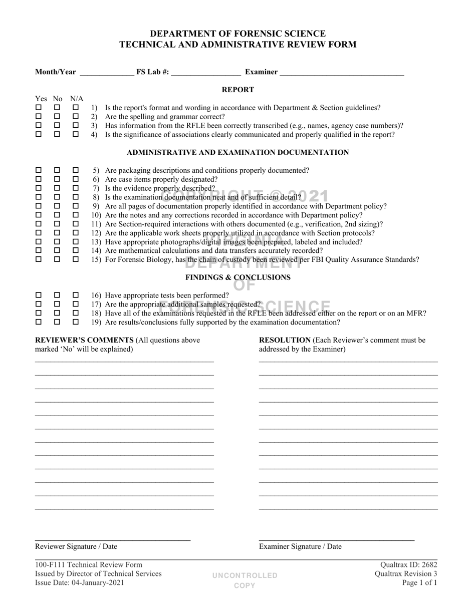 DFS Form 100-F111 Technical and Administrative Review Form - Virginia, Page 1