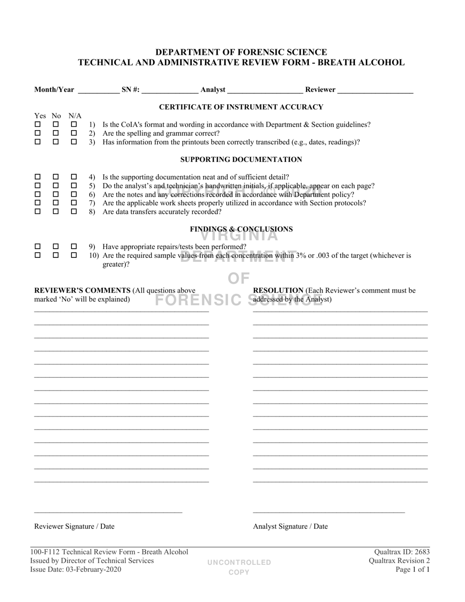 DFS Form 100-F112 Technical and Administrative Review Form - Breath Alcohol - Virginia, Page 1