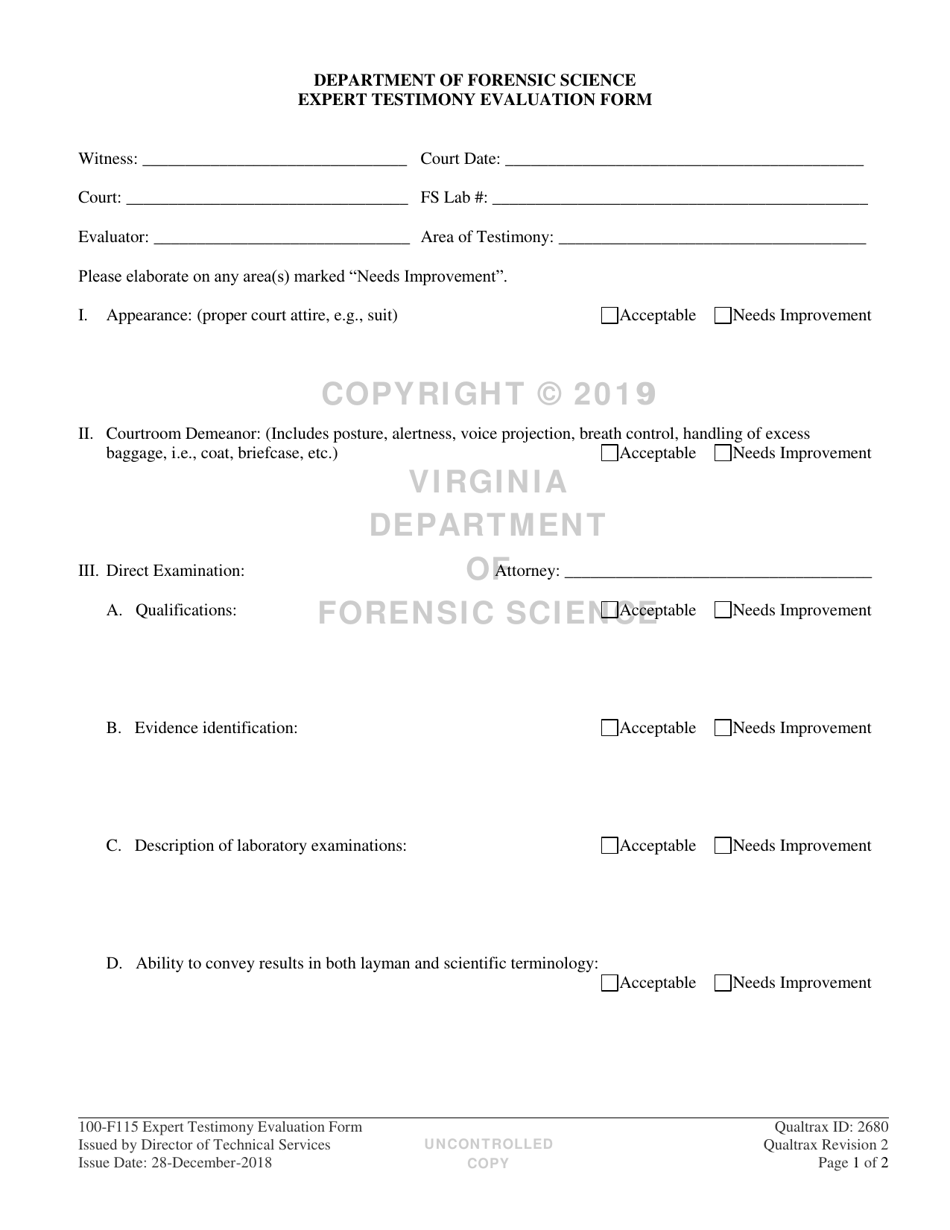 DFS Form 100-F115 Expert Testimony Evaluation Form - Virginia, Page 1