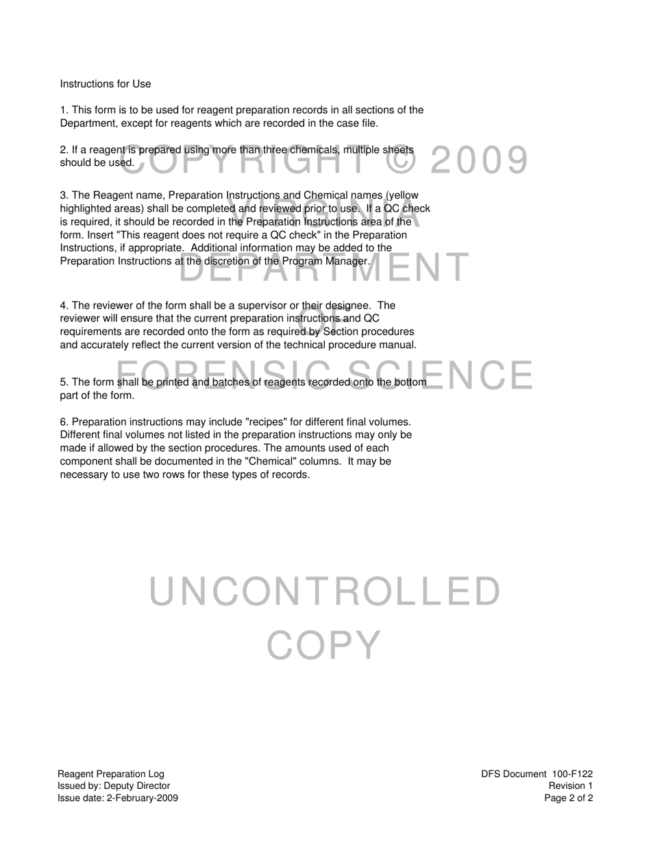 DFS Form 100-F122 Reagent Preparation Log - Virginia, Page 2
