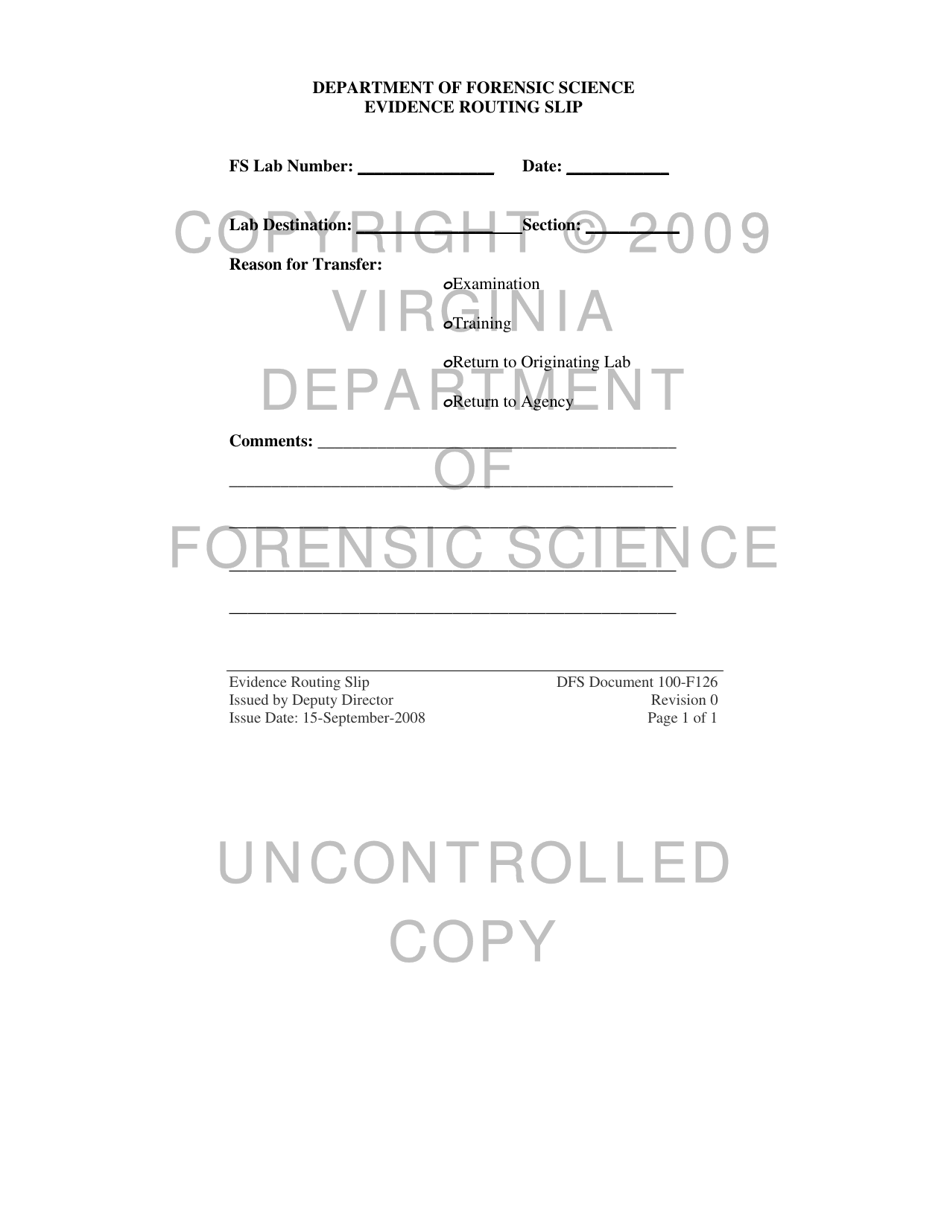 DFS Form 100-F126 Evidence Routing Slip - Virginia, Page 1