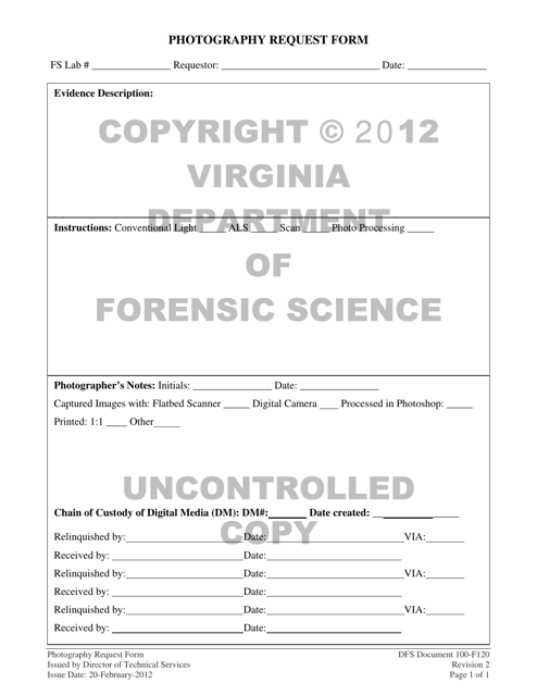 DFS Form 100-F120 Photography Request Form - Virginia