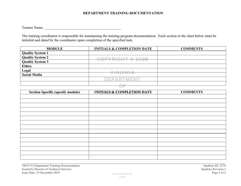 DFS Form 100-F132 Department Training Documentation - Virginia